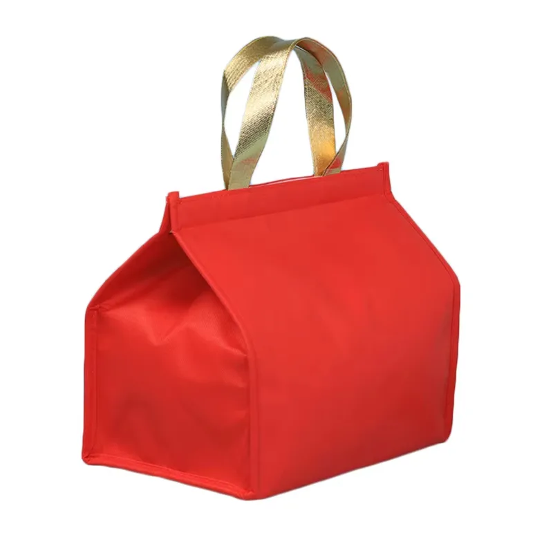 Red non-woven insulated lunch tote bag with handles and zipper closure